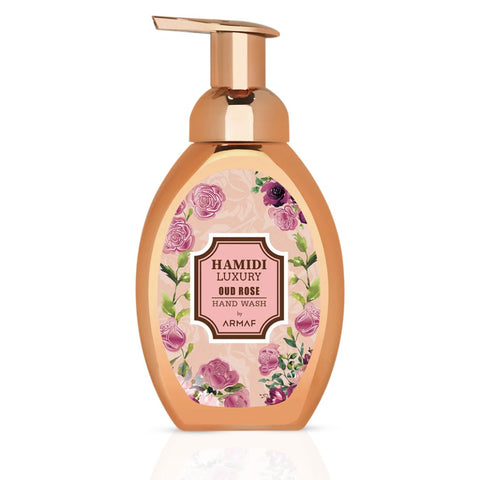 Hamidi Luxury Oud Rose Hand Wash bottle with elegant label, 350ml (11.9 oz), showcasing a luxurious floral and oud scent.