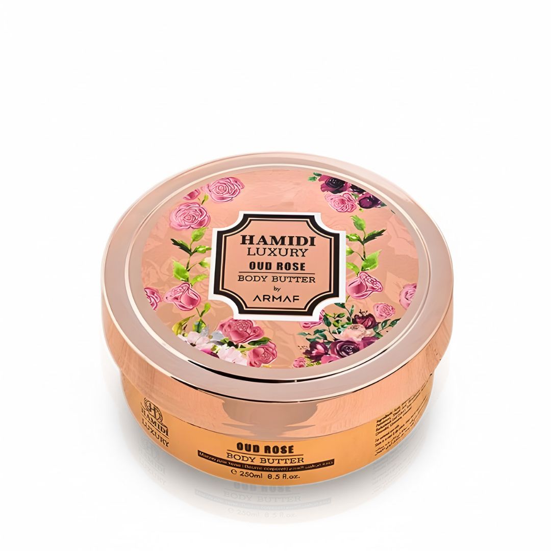 Hamidi Luxury Oud Rose Body Butter 250ml jar showing smooth, creamy texture with a floral and woody fragrance scent.