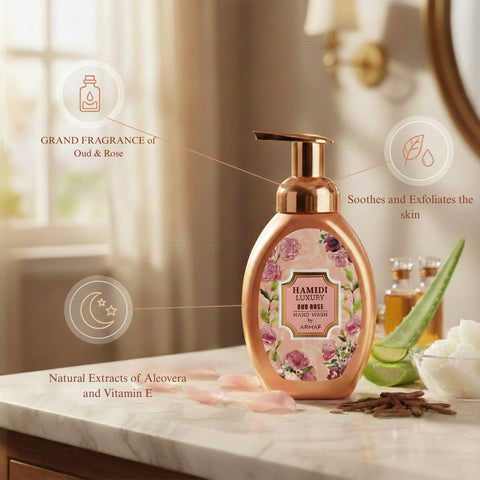 Hamidi Luxury Oud Rose hand wash bottle with pink floral design and clear pump dispenser, 350ml, elegant and fragrant skincare product.