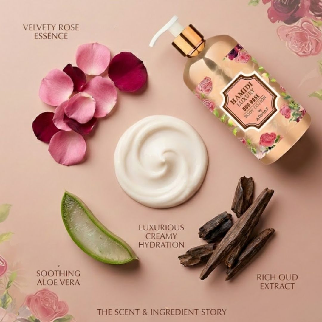 Hamidi Luxury Oud Rose Body Lotion 500ml bottle with elegant packaging and floral design, showcasing the moisturizing lotion.