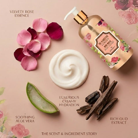 Hamidi Luxury Oud Rose Body Lotion 500ml bottle with elegant packaging and floral design, showcasing the moisturizing lotion.