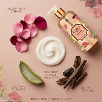 Hamidi Luxury Oud Rose Body Lotion 500ml bottle with elegant packaging and floral design, showcasing the moisturizing lotion.