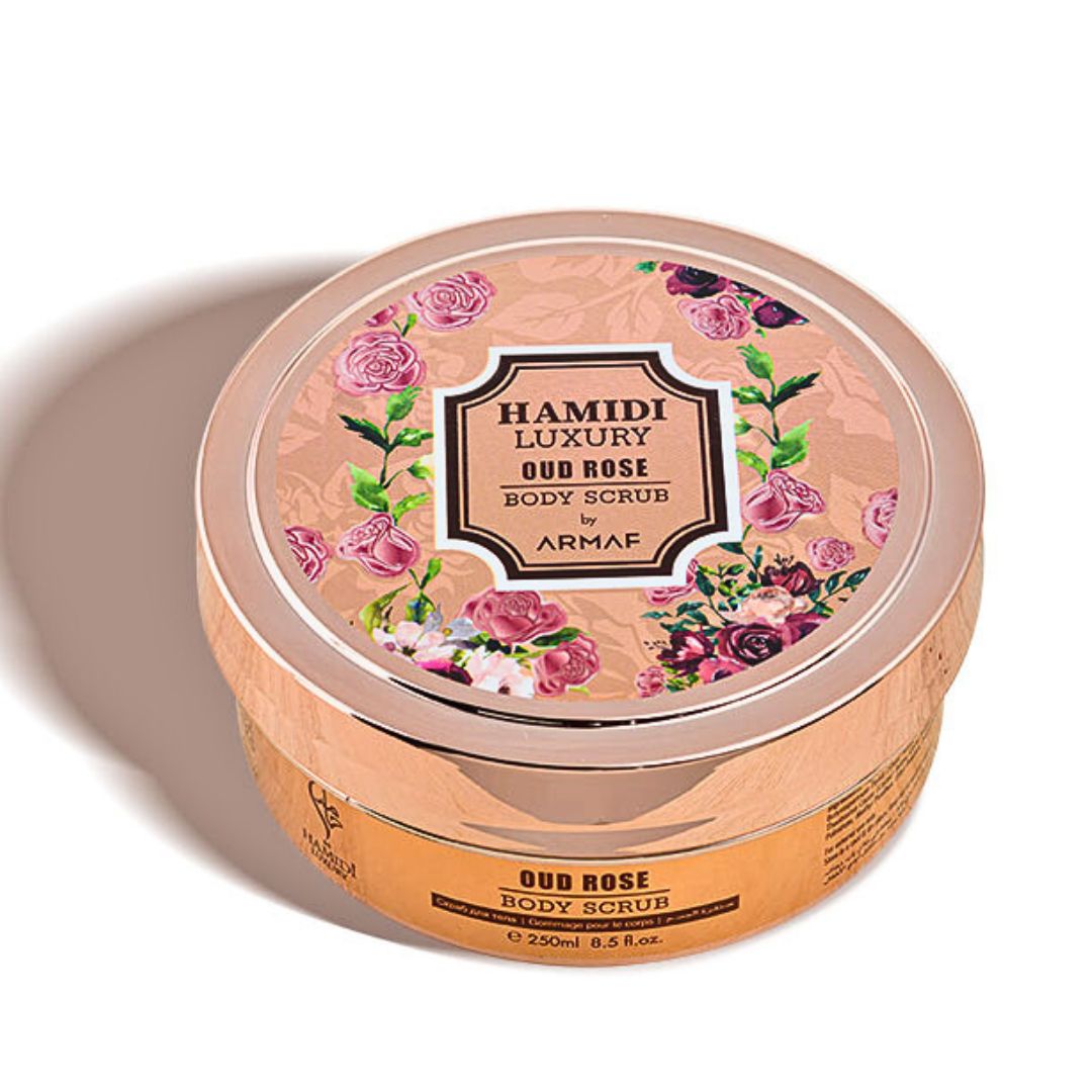 Hamidi Luxury Oud Rose Body Scrub in 250ml jar with rose and oud scent, featuring textured exfoliating surface.