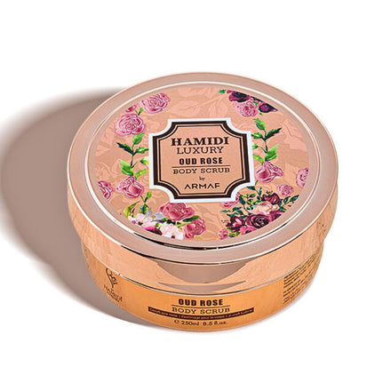 Hamidi Luxury Oud Rose Body Scrub in 250ml jar with rose and oud scent, featuring textured exfoliating surface.