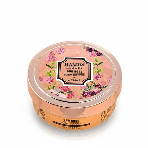 Hamidi Luxury Oud Rose Body Butter 250ml jar showing smooth, creamy texture with a floral and woody fragrance scent.