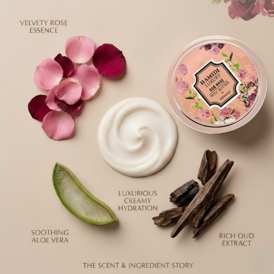 Hamidi Luxury Oud Rose Body Butter jar with rose and oud scent, 250ml, creamy texture and elegant packaging.