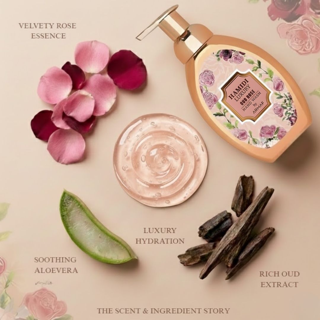 Hamidi Luxury Oud Rose Hand Wash 350ml bottle with elegant label and floral design, showcasing a luxurious hand wash product.