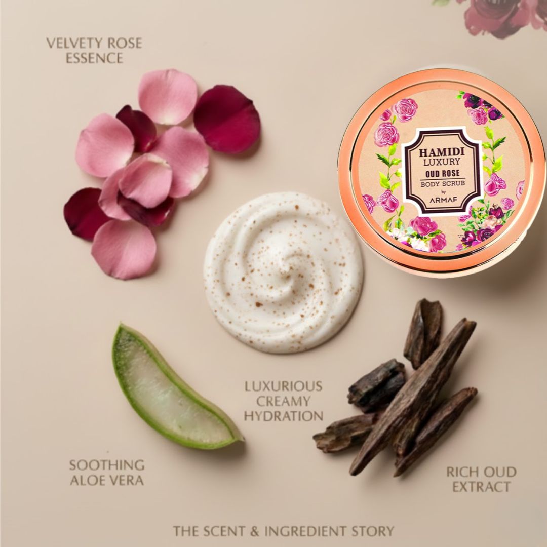 Hamidi Luxury Oud Rose Body Scrub in 250ml jar, featuring a creamy texture with floral rose and rich oud scent.