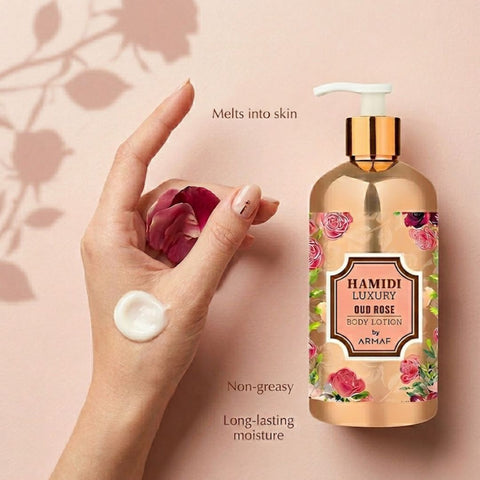 Hamidi Luxury Oud Rose Body Lotion 500ml bottle with elegant packaging and floral rose accents.