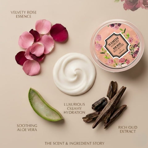 Hamidi Luxury Oud Rose Body Butter jar with rose and oud scent, 250ml, creamy texture and elegant packaging.