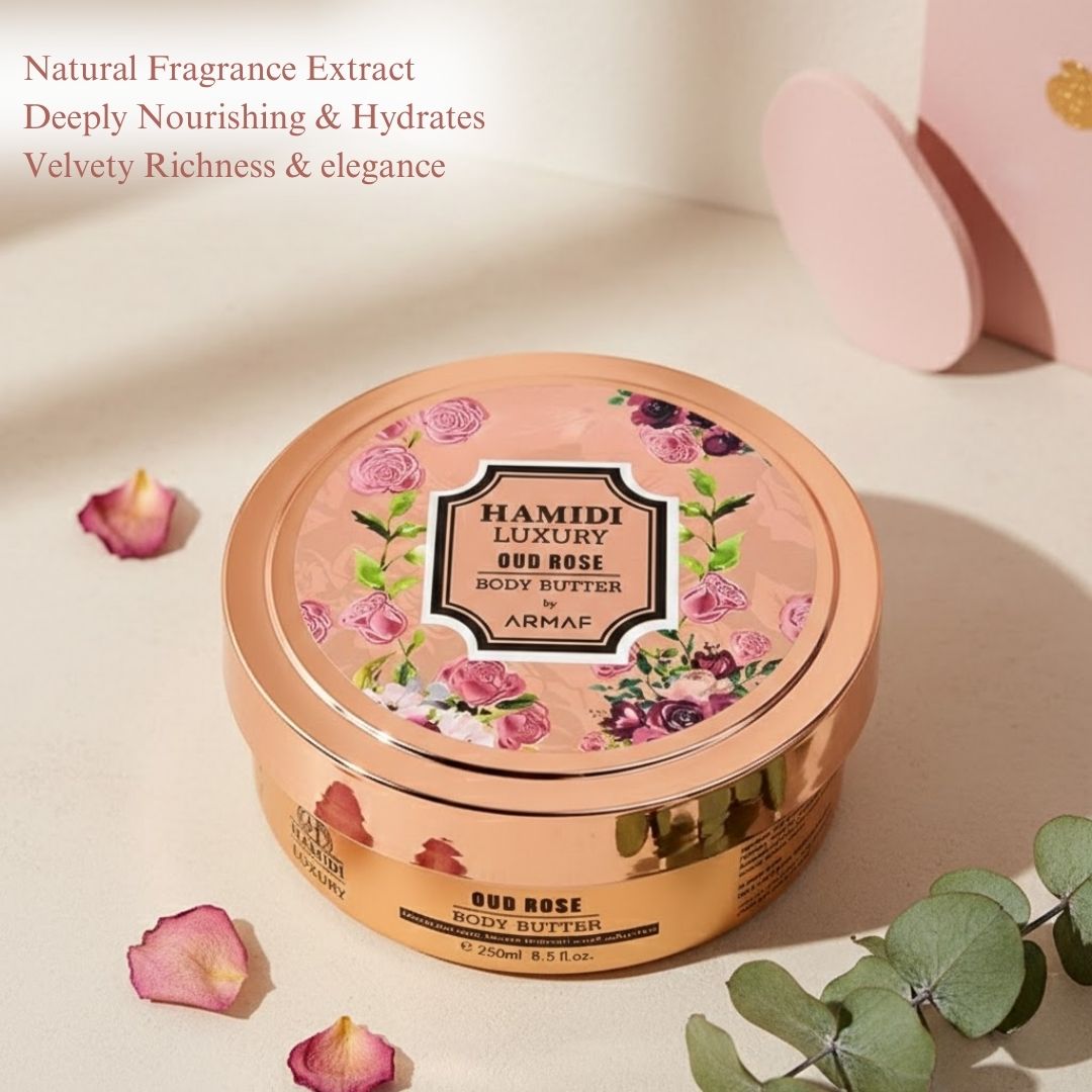 Hamidi Luxury Oud Rose Body Butter jar showing rich, creamy texture in a decorative container with floral accents.