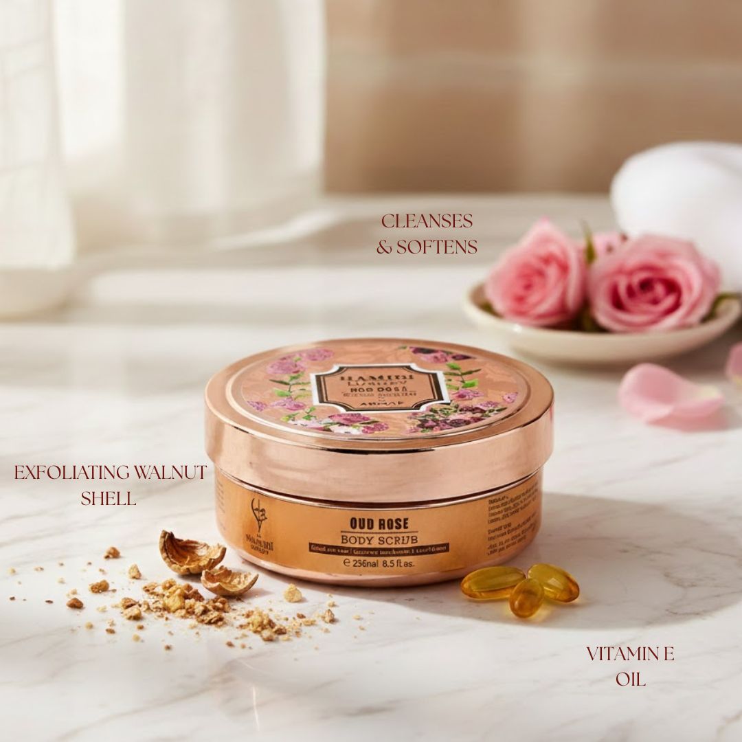 Hamidi Luxury Oud Rose Body Scrub 250ml featuring a creamy texture with rose and oud fragrance, displayed in a sleek jar.