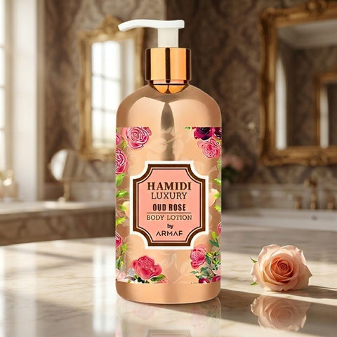 Hamidi Luxury Oud Rose Body Lotion 500ml with elegant white and gold packaging, featuring a floral and oud scent theme.