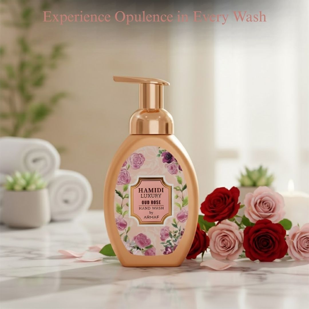 Hamidi Luxury Oud Rose Hand Wash bottle with floral and oud scent, 350ml (11.9 oz), featuring elegant packaging and a pump dispenser.