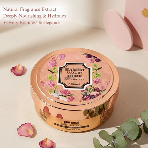 Hamidi Luxury Oud Rose Body Butter jar showing rich, creamy texture in a decorative container with floral accents.