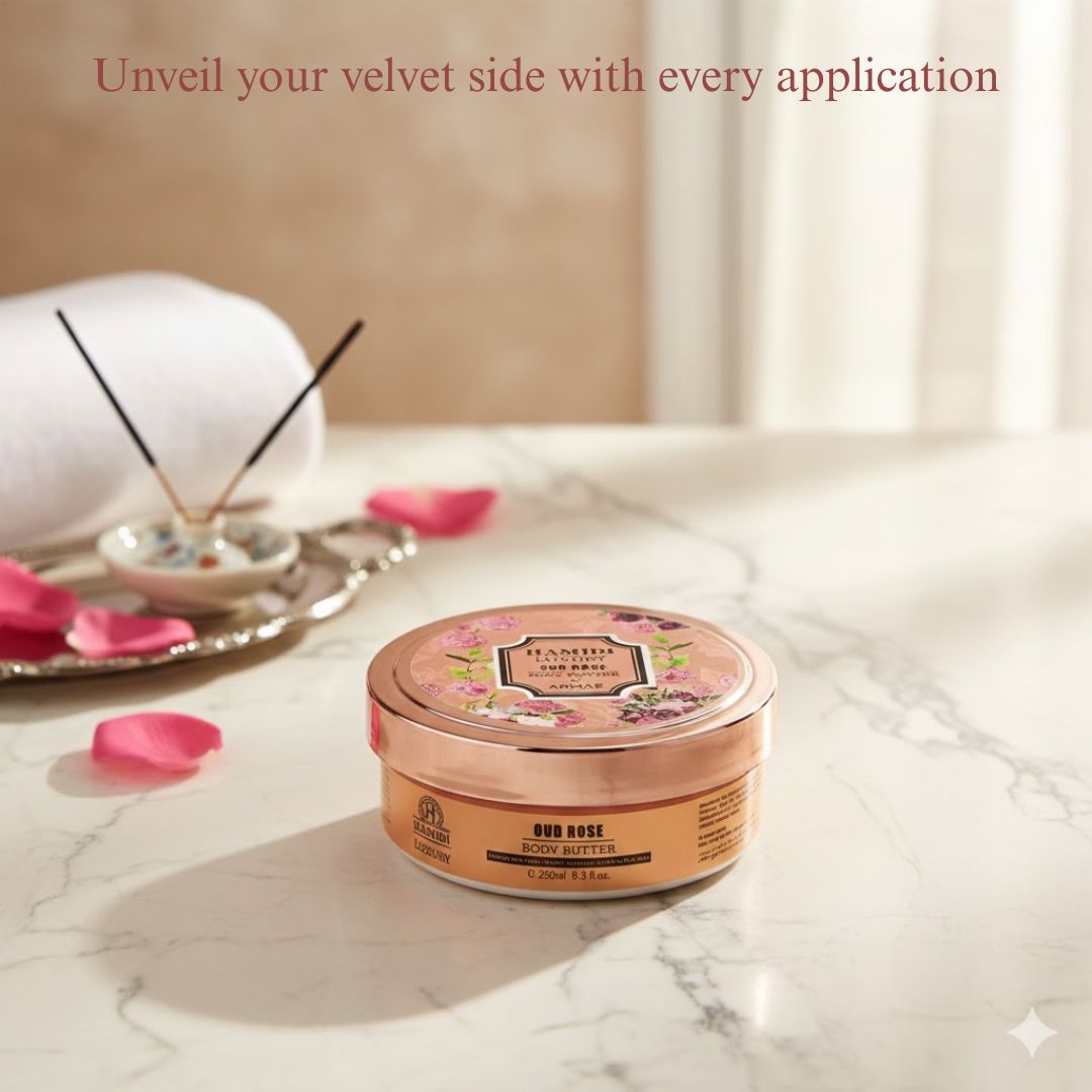 Hamidi Luxury Oud Rose Body Butter 250ml jar showing smooth, creamy texture with a floral rose and rich oud scent.