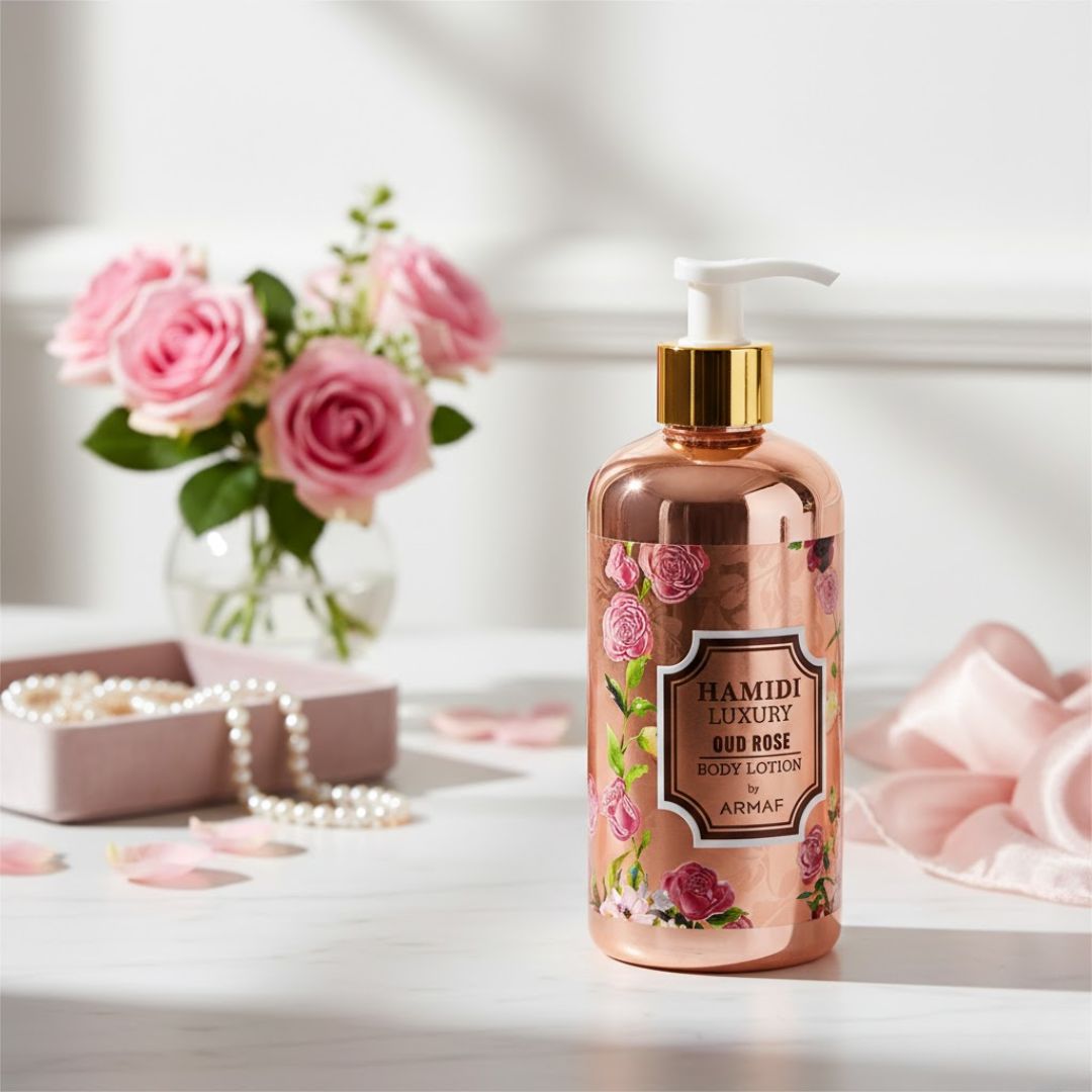 Hamidi Luxury Oud Rose Body Lotion 500ml bottle with elegant label and luxurious packaging, showcasing the moisturizing lotion.