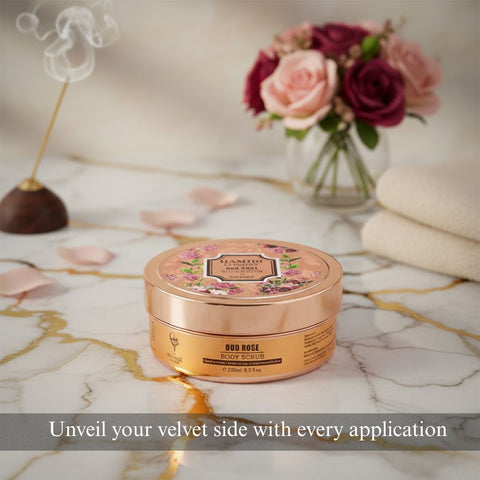 Hamidi Luxury Oud Rose Body Scrub in 250ml jar, with a creamy pink exfoliating texture and rose and oud scent elements.