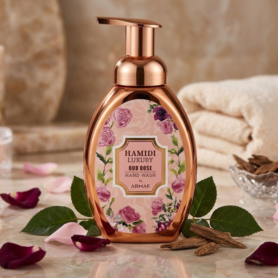 Hamidi Luxury Oud Rose hand wash bottle with floral and oud scent, 350ml (11.9 oz), featuring elegant packaging and a clear pump dispenser.
