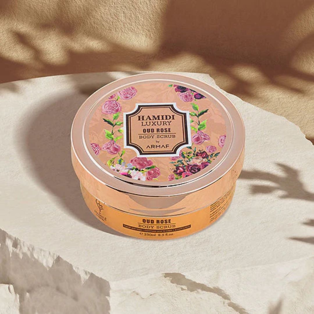 Hamidi Luxury Oud Rose Body Butter jar with floral scent, 250ml (8.4 oz), creamy texture, and elegant packaging.