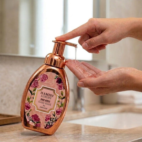 Hamidi Luxury Oud Rose Hand Wash bottle with elegant label and clear liquid, 350ml (11.9 oz) size, featuring floral and oud fragrance accents.