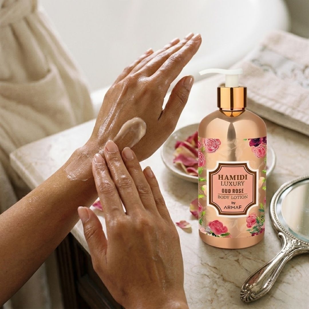 Hamidi Luxury Oud Rose Body Lotion 500ml bottle with elegant packaging and rose and oud floral scent.