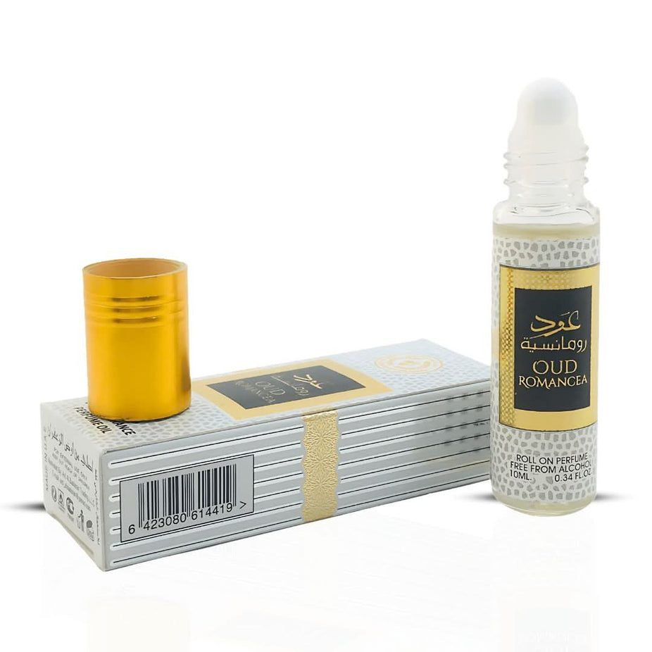 Three 10ml bottles of Oud Romancea concentrated perfume oil by Ard Al Zaafaran, showcasing elegant glass bottles with fragrance labels.