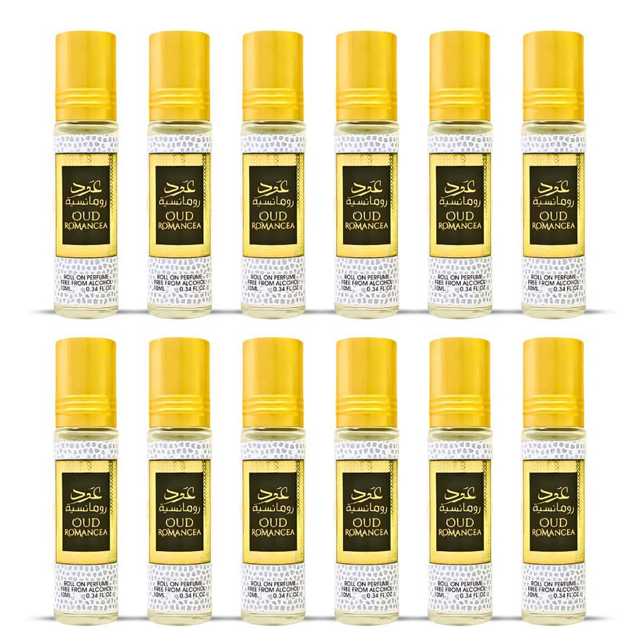 12-pack of Ard Al Zaafaran Oud Romancea concentrated perfume oil roll-ons, 10ml each, for men and women, long-lasting fragrance.