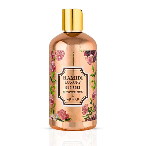 Hamidi Luxury Oud Rose Shower Gel 500ml with elegant bottle, showcasing a floral and woody fragrance for a luxurious bathing experience.
