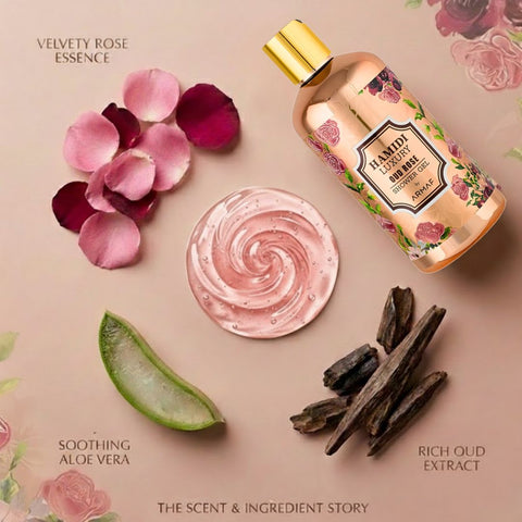 Hamidi Luxury Oud Rose Shower Gel 500ml with floral and woody scent, creamy texture, and elegant packaging.