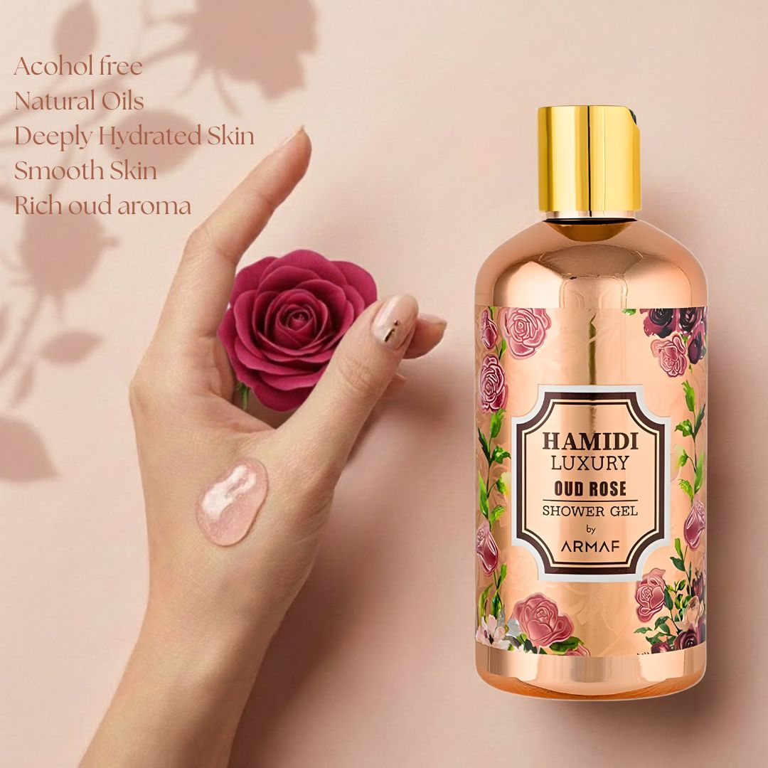 Hamidi Luxury Oud Rose Shower Gel 500ml bottle with elegant label and floral accents, showcasing the opulent fragrance and packaging.