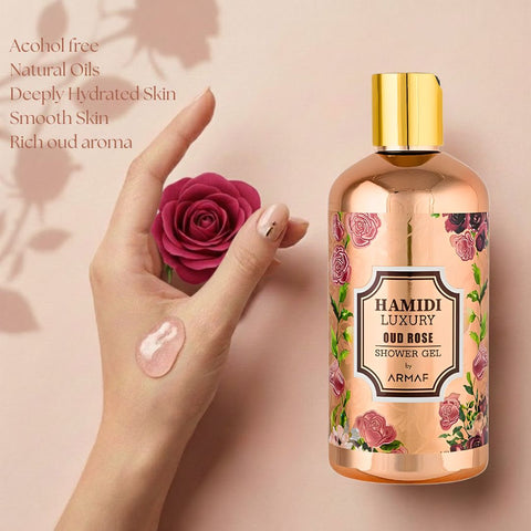 Hamidi Luxury Oud Rose Shower Gel 500ml bottle with elegant label and floral accents, showcasing the opulent fragrance and packaging.