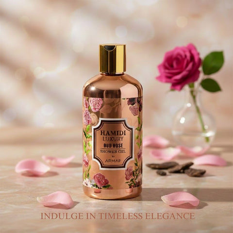 Hamidi Luxury Oud Rose Shower Gel 500ml bottle with elegant label and floral design on a white background