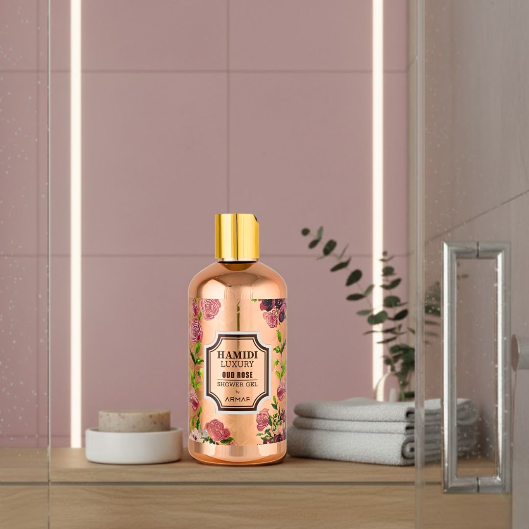 Hamidi Luxury Oud Rose Shower Gel 500ml bottle with elegant label and pump dispenser, highlighting floral and oud fragrance elements.