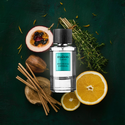 Maison Luxe Patchouli Imperial Eau de Parfum spray by Hamidi, 110ml, with a velvet pouch, featuring a luxurious patchouli scent.