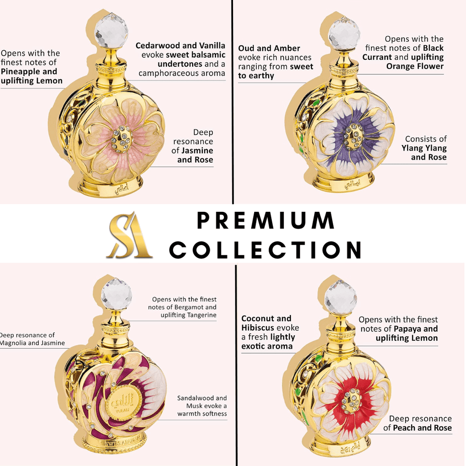 Swiss Arabian Layali 4-piece women’s collection of concentrated perfume oils, featuring Yulali, Amaali, Layali, and Layali Rouge.