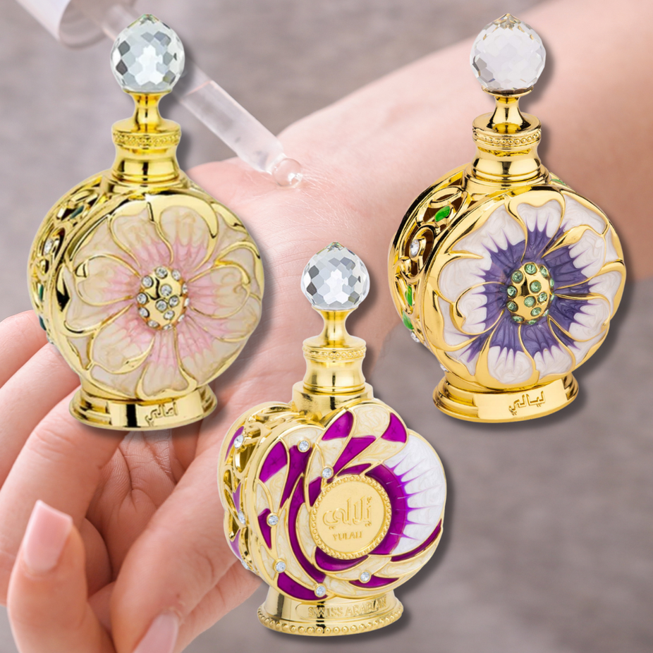 Swiss Arabian Layali, Yulali, Amaali 3-piece CPO concentrated perfume oil set in 15ML bottles, displayed in premium packaging.
