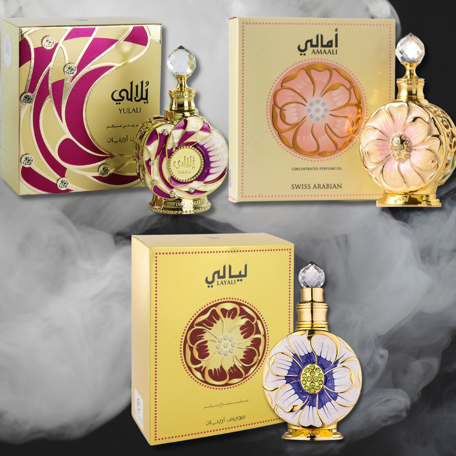 Swiss Arabian Layali, Yulali, Amaali 3-piece CPO concentrated perfume oil set in 15ml bottles on a white background.