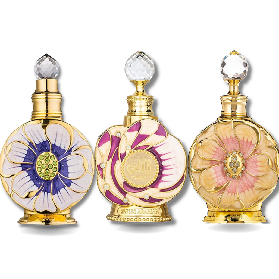 Swiss Arabian Layali, Yulali, Amaali 3-piece CPO concentrated perfume oil set in 15ml bottles, premium collection packaging.