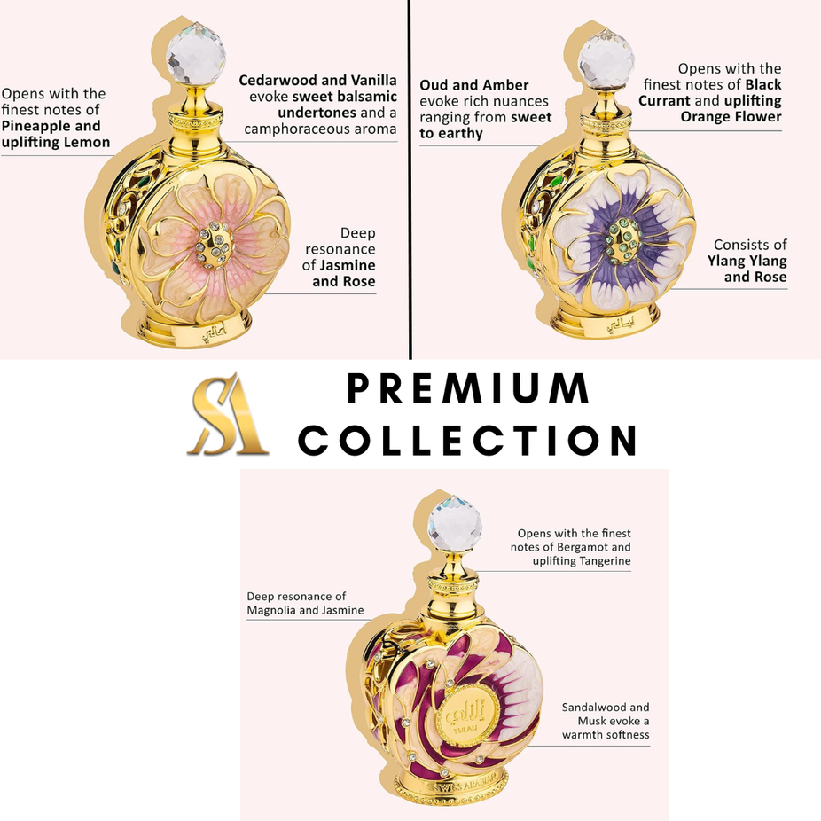 Three 15ml Swiss Arabian Layali, Yulali, Amaali concentrated perfume oils in a premium collection image.