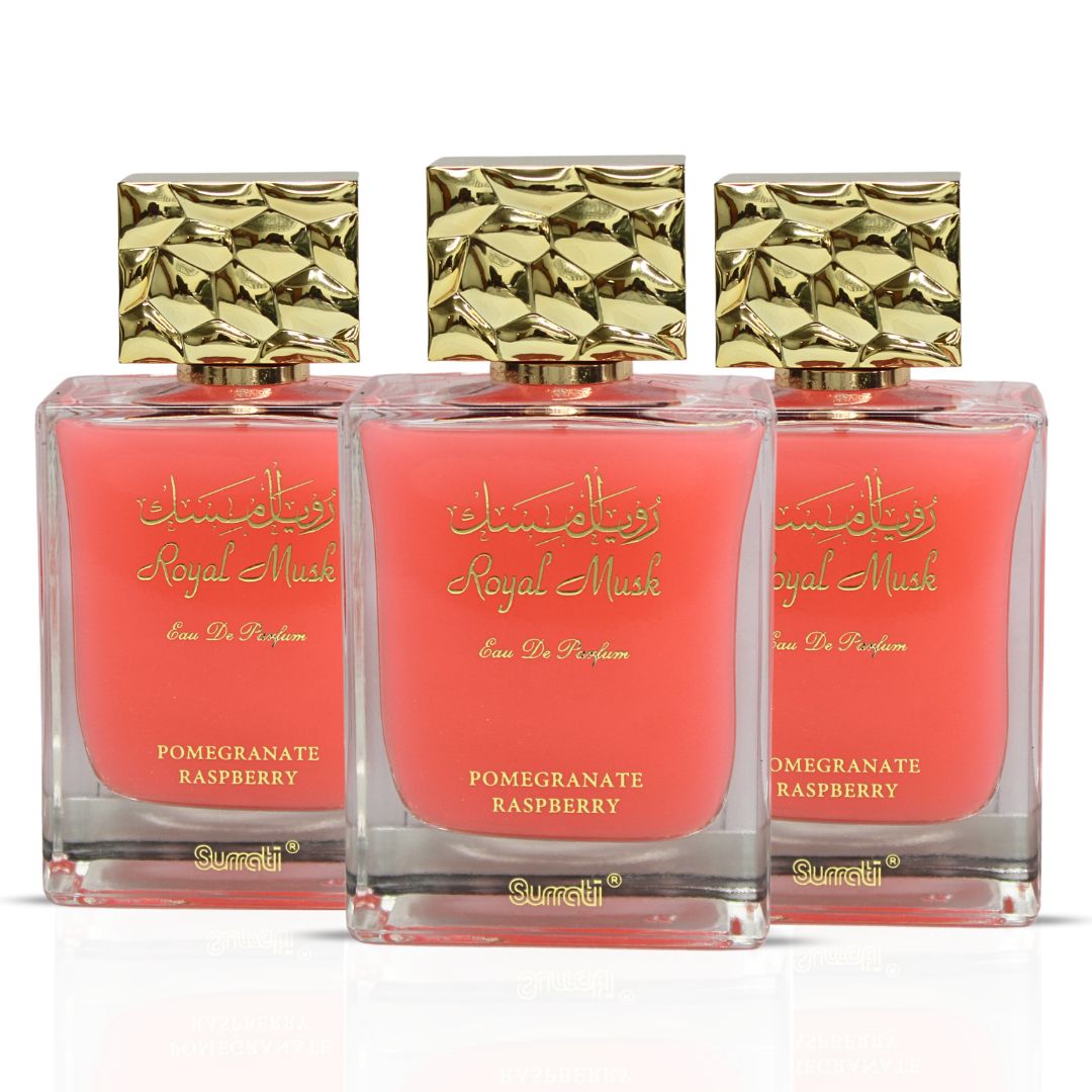 Royal Musk Pomegranate Raspberry EDP Spray 100ML (3.4 OZ) By SURRATI | Exotic Fragrances for Men & Women. (PACK OF 3) - Intense Oud