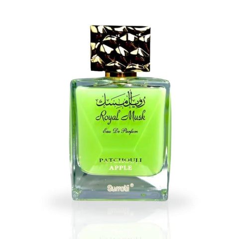 Surrati Royal Musk Patchouli Apple Eau de Parfum spray in 100ml bottle with velvet pouch, featuring patchouli and apple scent.