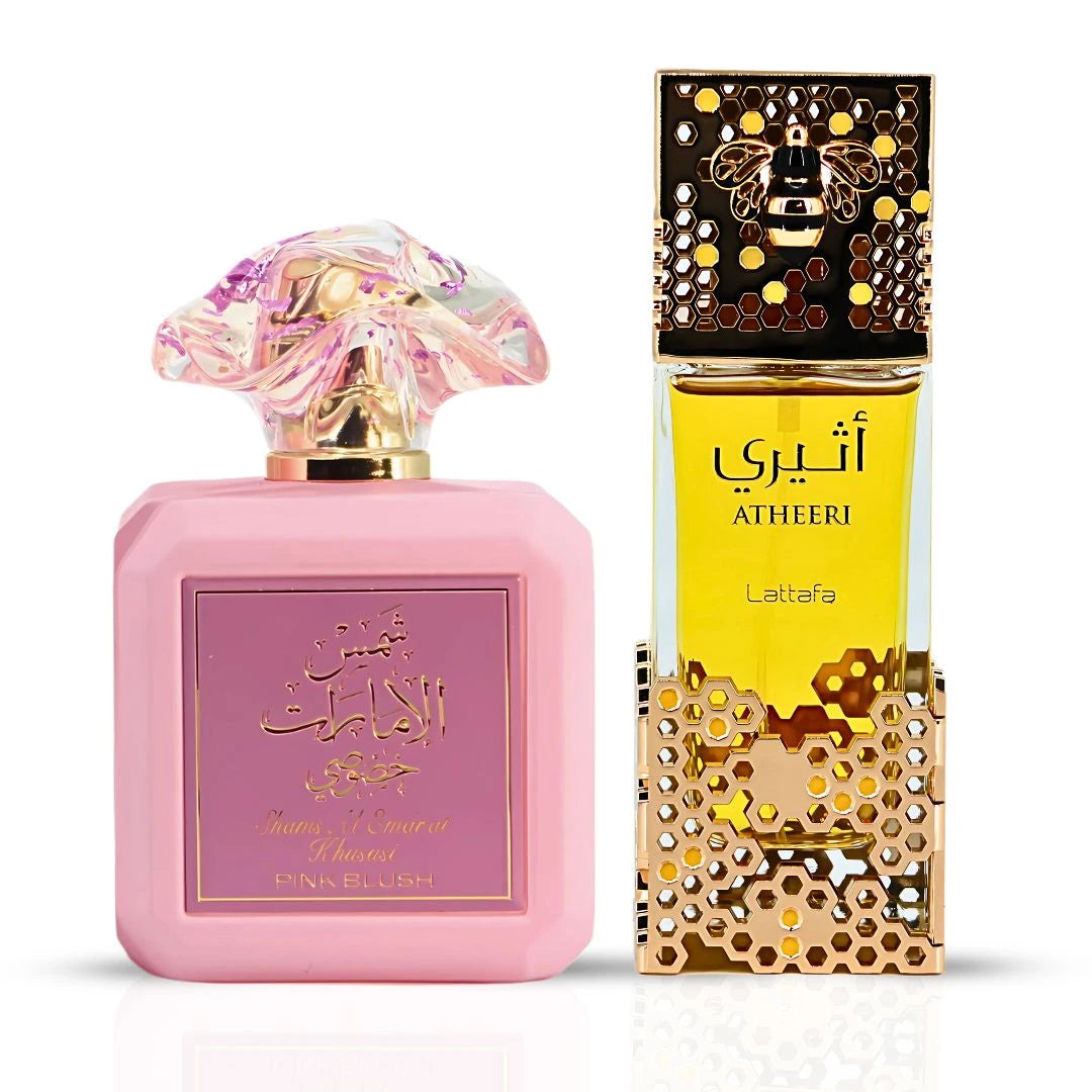 Pink Blush by Ard Al Zaafaran & Atheeri by Lattafa – Eau de Parfum Sprays 100ml (3.4 oz) | A Dreamy Duet of Juicy Sweetness and Delicate Floral Elegance (Bundle) - Intense Oud