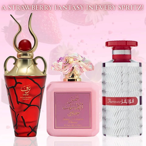 Bundle of Lattafa Pink Blush, Forever Silver, and Niche Emarati Taraf Eau de Parfum sprays in 100ml bottles, featuring floral and oriental scents.