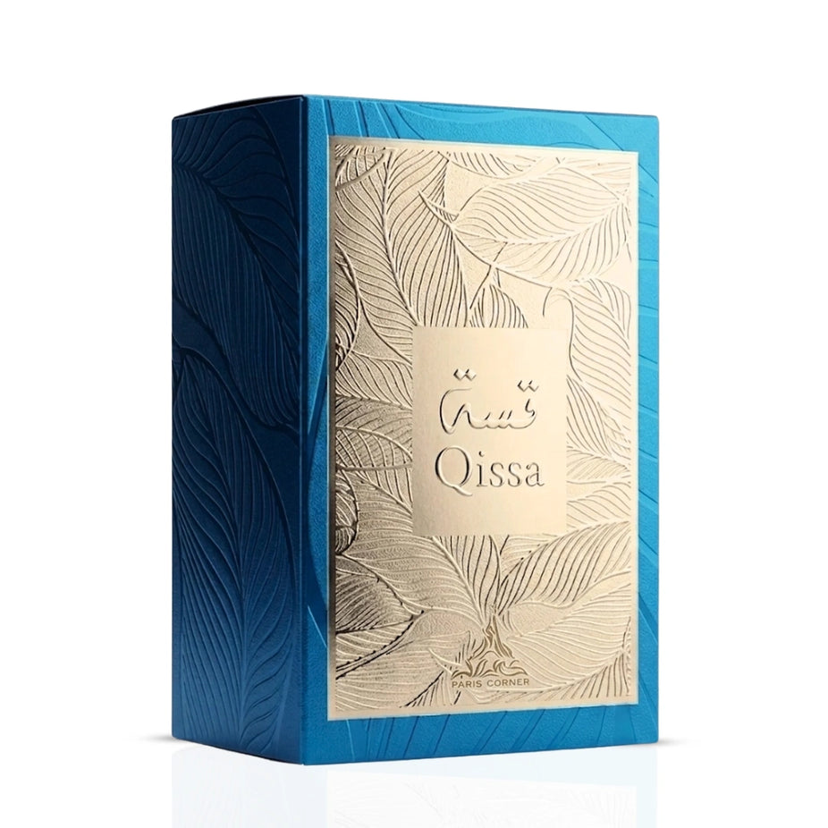 Qissa Blue Eau de Parfum Spray by Paris Corner, 100ml bottle with blue liquid and elegant packaging.