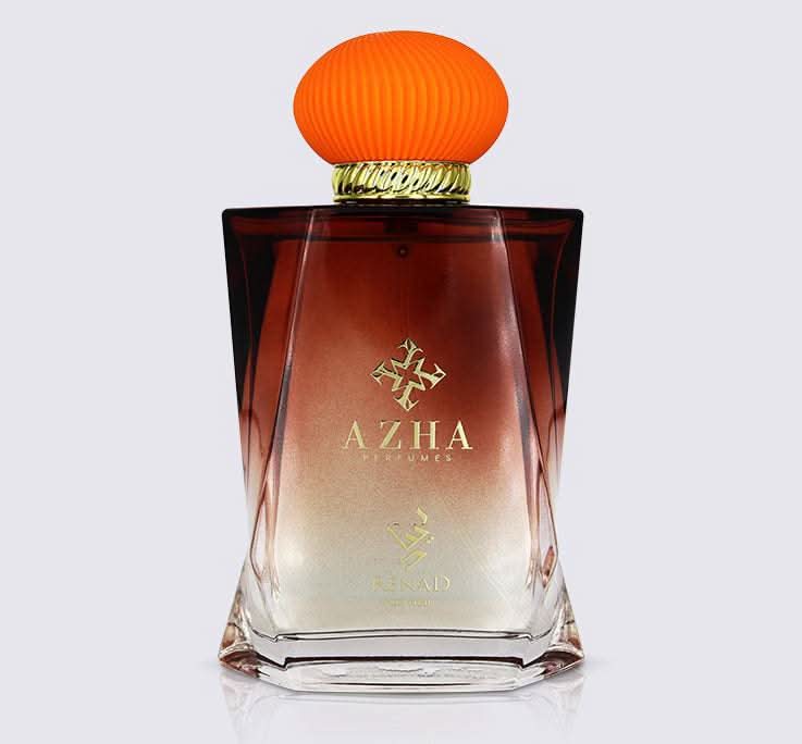 Azha Renad for Her Eau De Parfum 100ml bottle with clear glass and elegant design, featuring a sleek cap and floral accents.