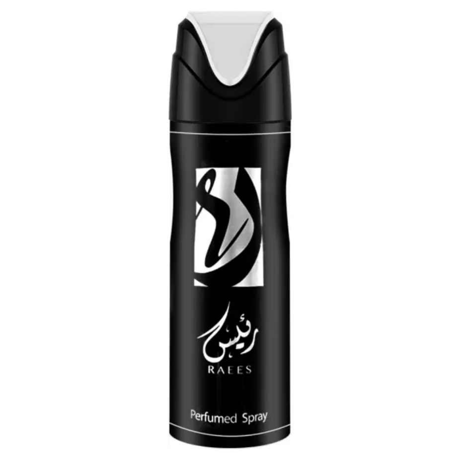 Lattafa Raees deodorant 200ML spray bottle with sleek design and clear label, showcasing the Lattafa brand logo.
