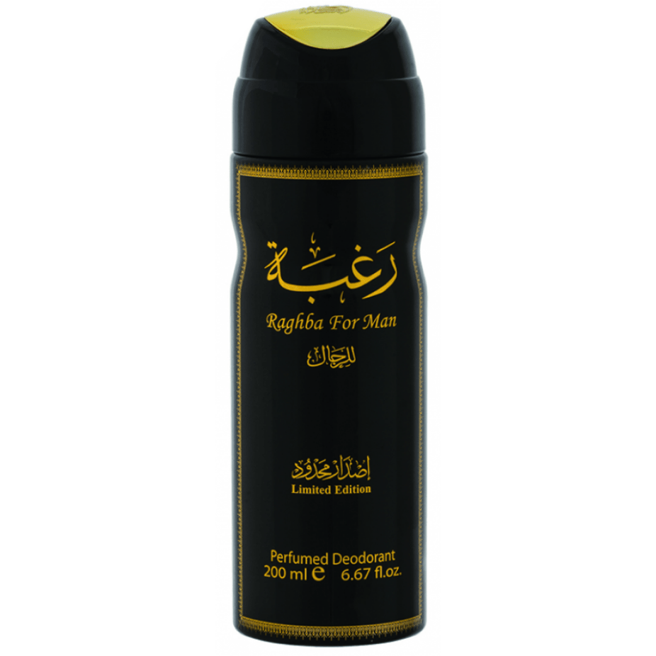 Lattafa Raghba for Men deodorant spray, 200ml bottle with sleek design and branding visible.