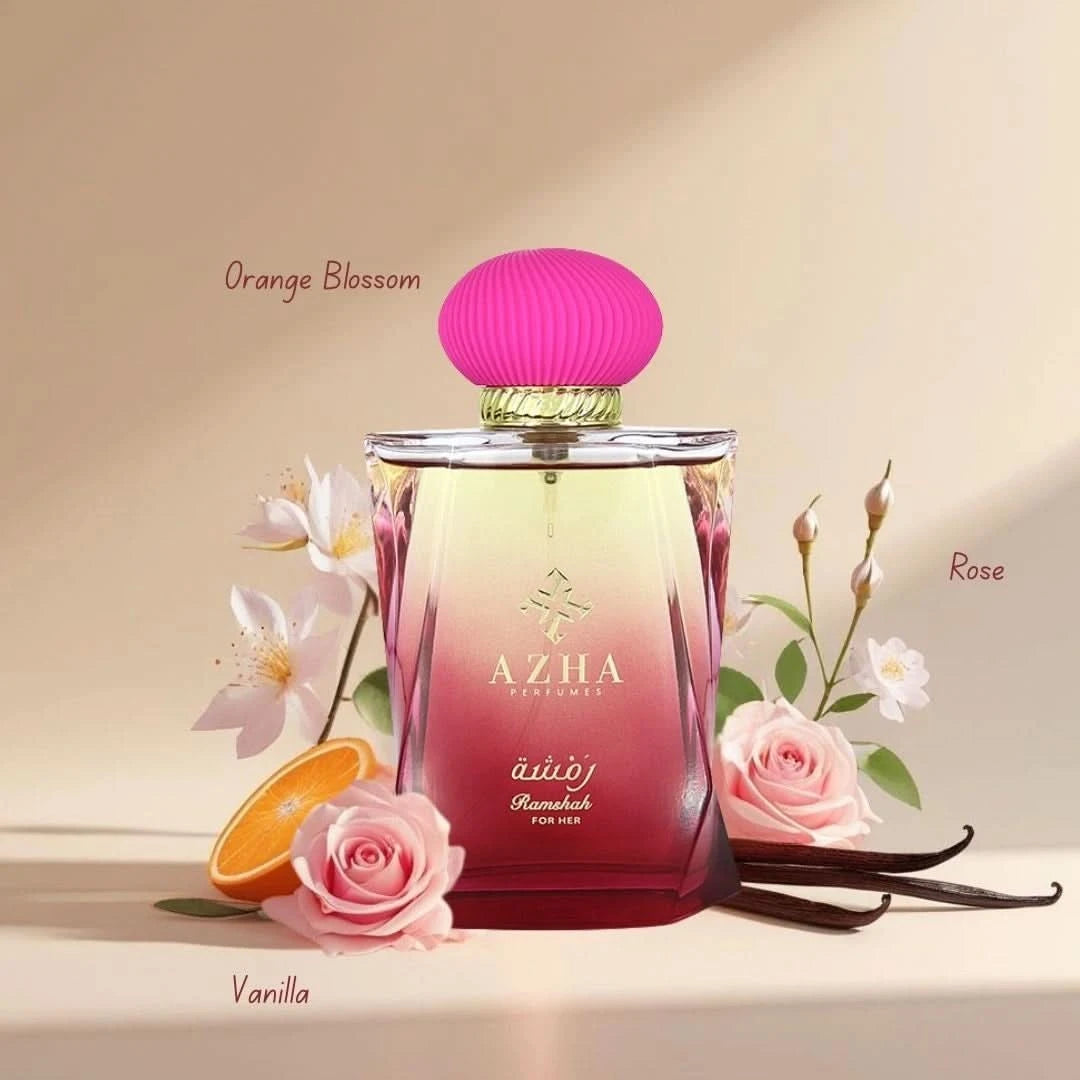 Azha Ramshah For Her Eau de Parfum spray in a velvet pouch, 100ml, featuring elegant bottle design and floral fragrance.