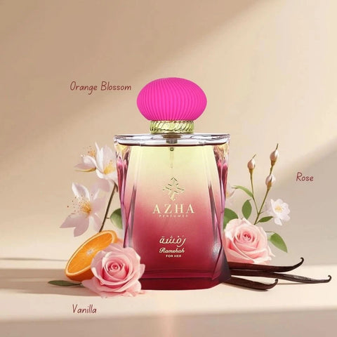 Azha Ramshah For Her Eau de Parfum spray in a velvet pouch, 100ml, featuring elegant bottle design and floral fragrance.